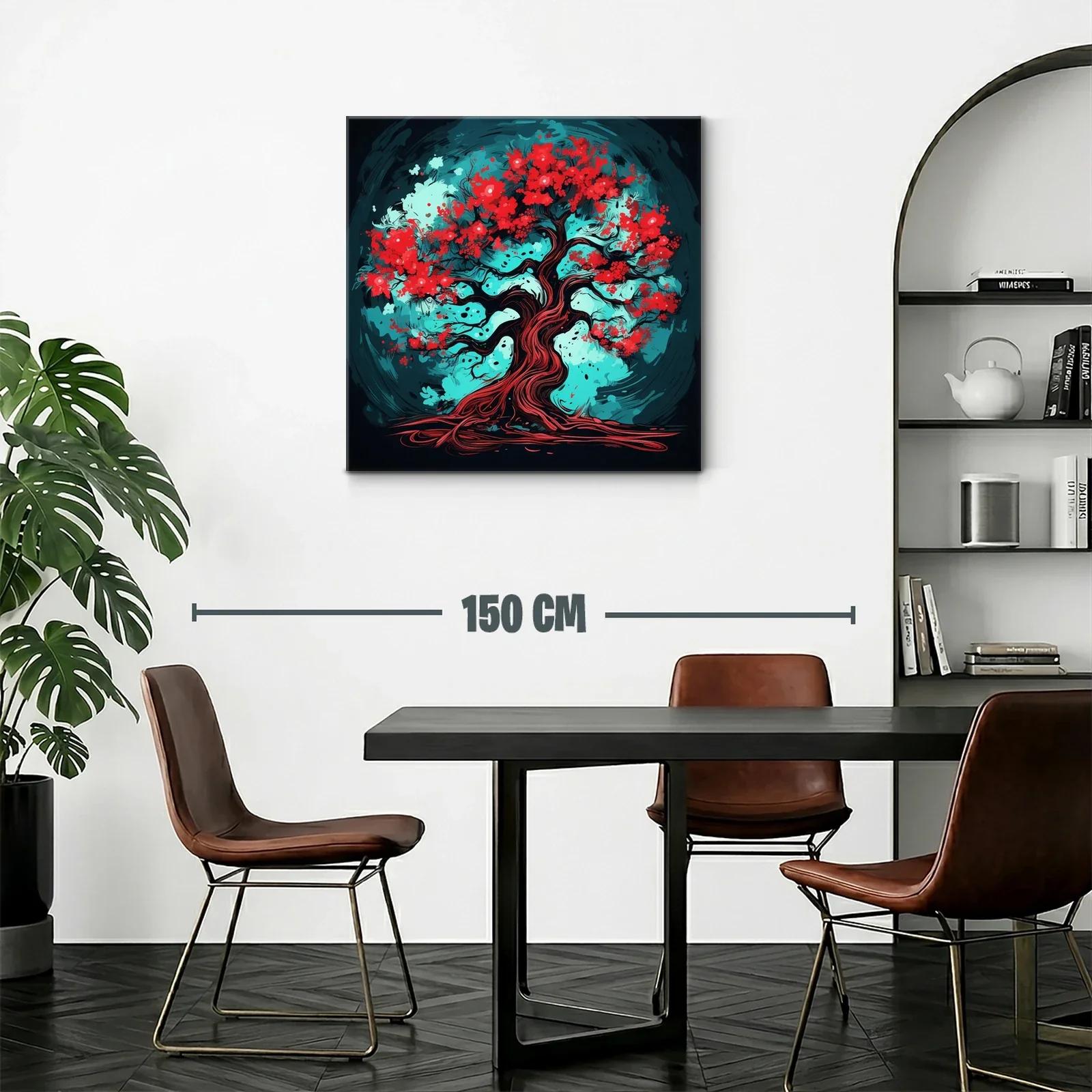 Árbol vibrante con flores rojas y fondo turquesa intenso — miniatura 2
