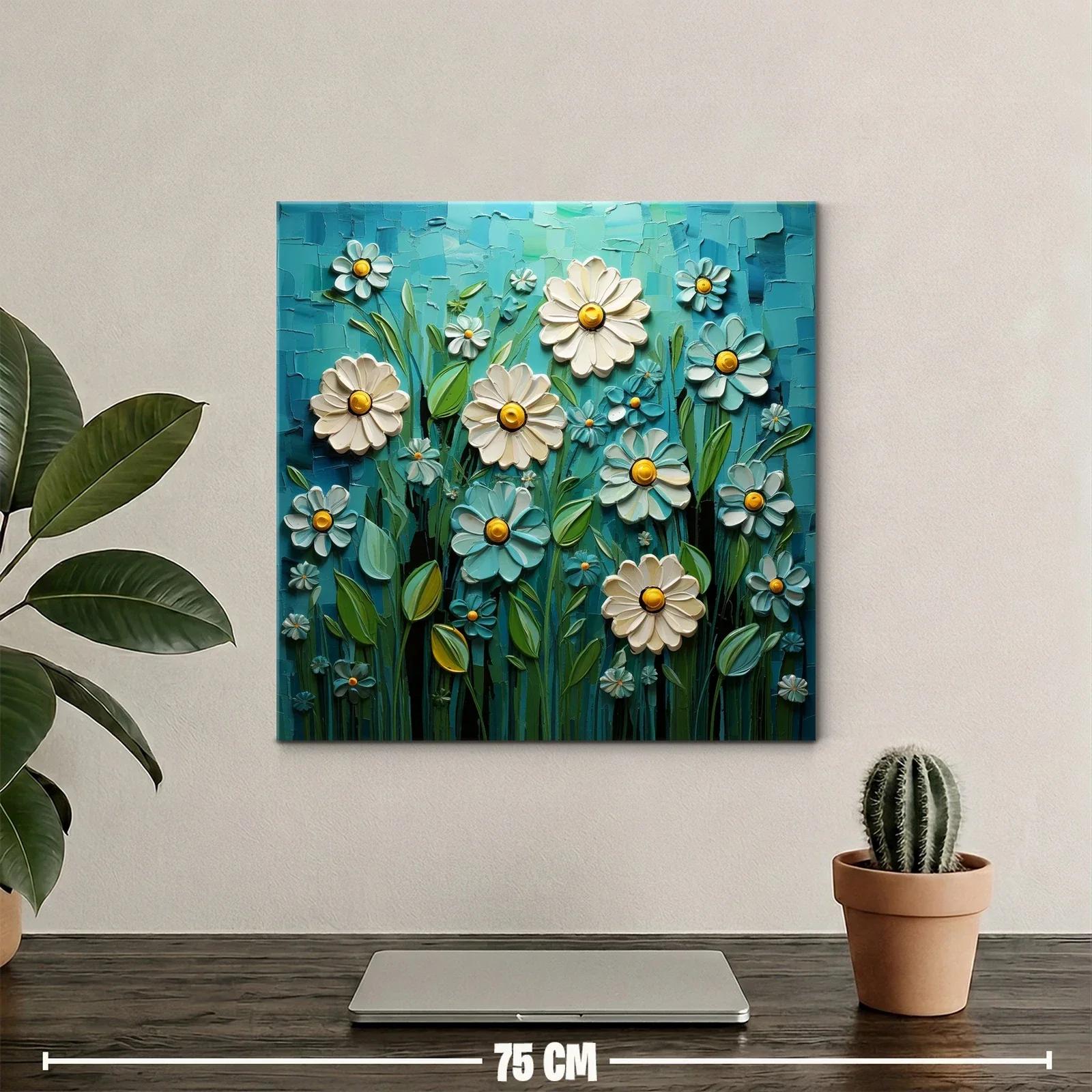 Flores blancas y azules con detalles amarillos en campo vibrante — miniatura 2