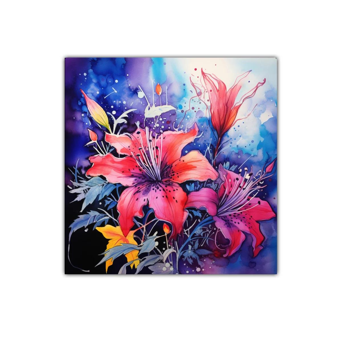 Cuadro vibrante con flores rojas y fondo azul intenso — imagen principal