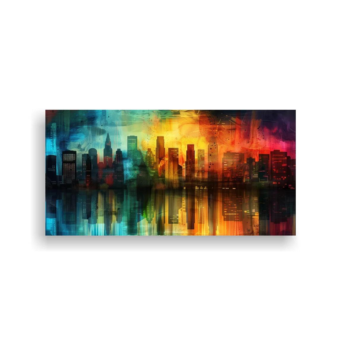 Cuadro skyline urbano con cielo multicolor y reflejo difuminado