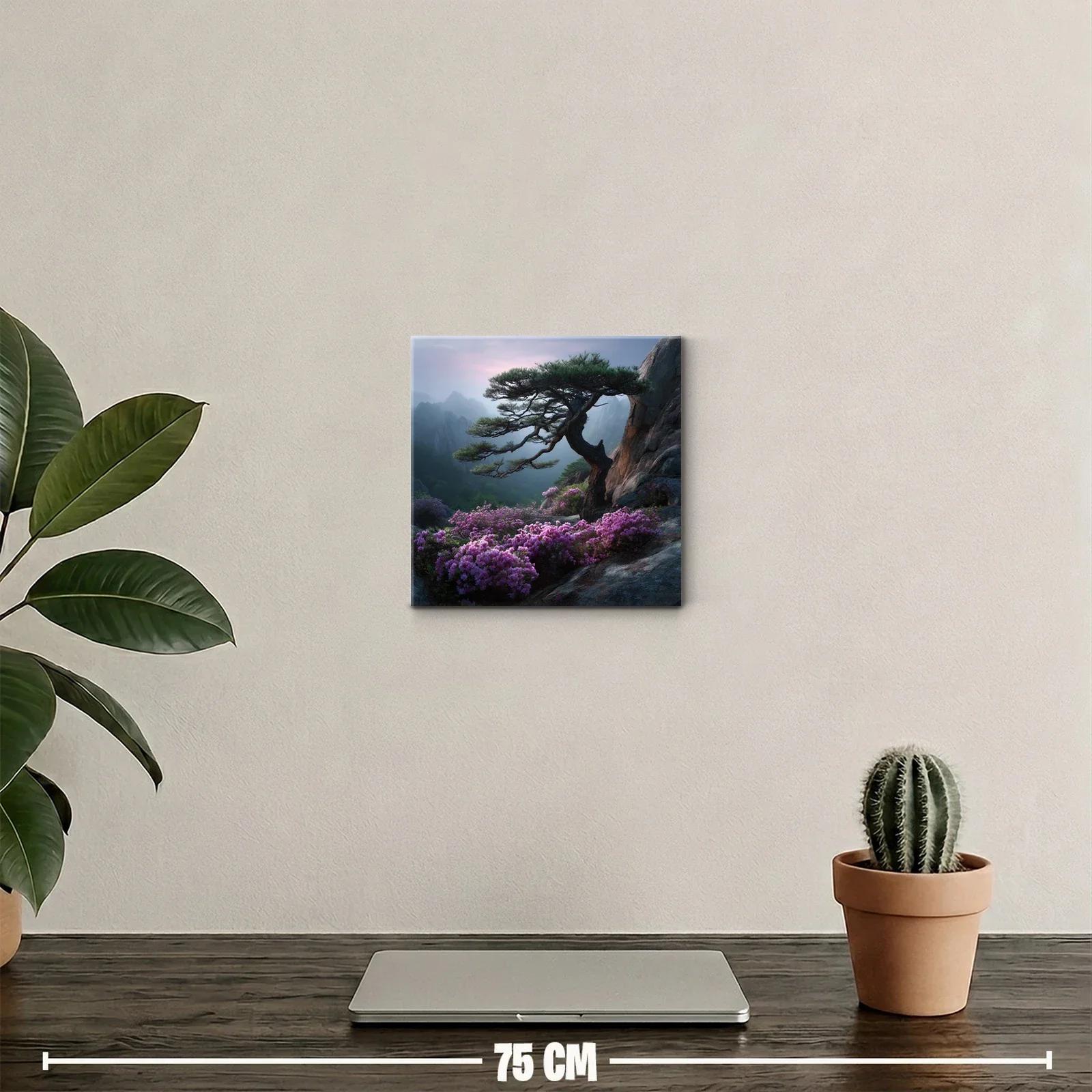 Paisaje sereno con árbol y flores sobre rocas en montaña — miniatura 2