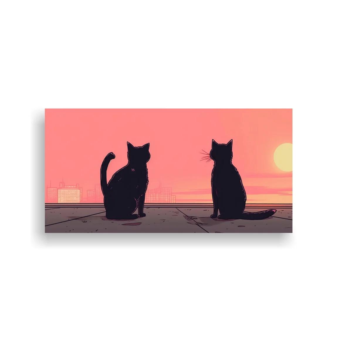 Cuadro dos gatos negros al atardecer con sol sobre el horizonte