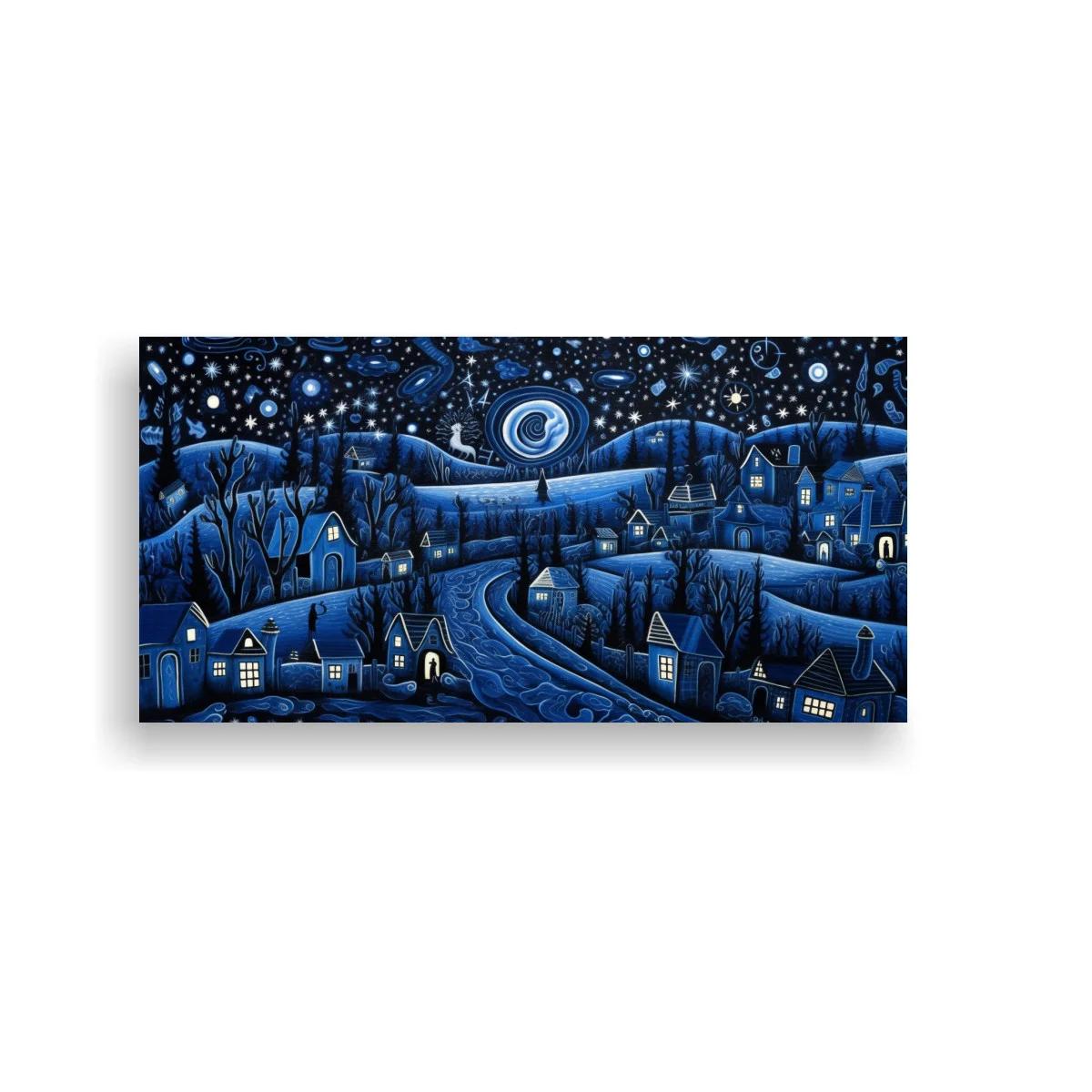 Cuadro pueblo nocturno con camino serpenteante y cielo estrellado