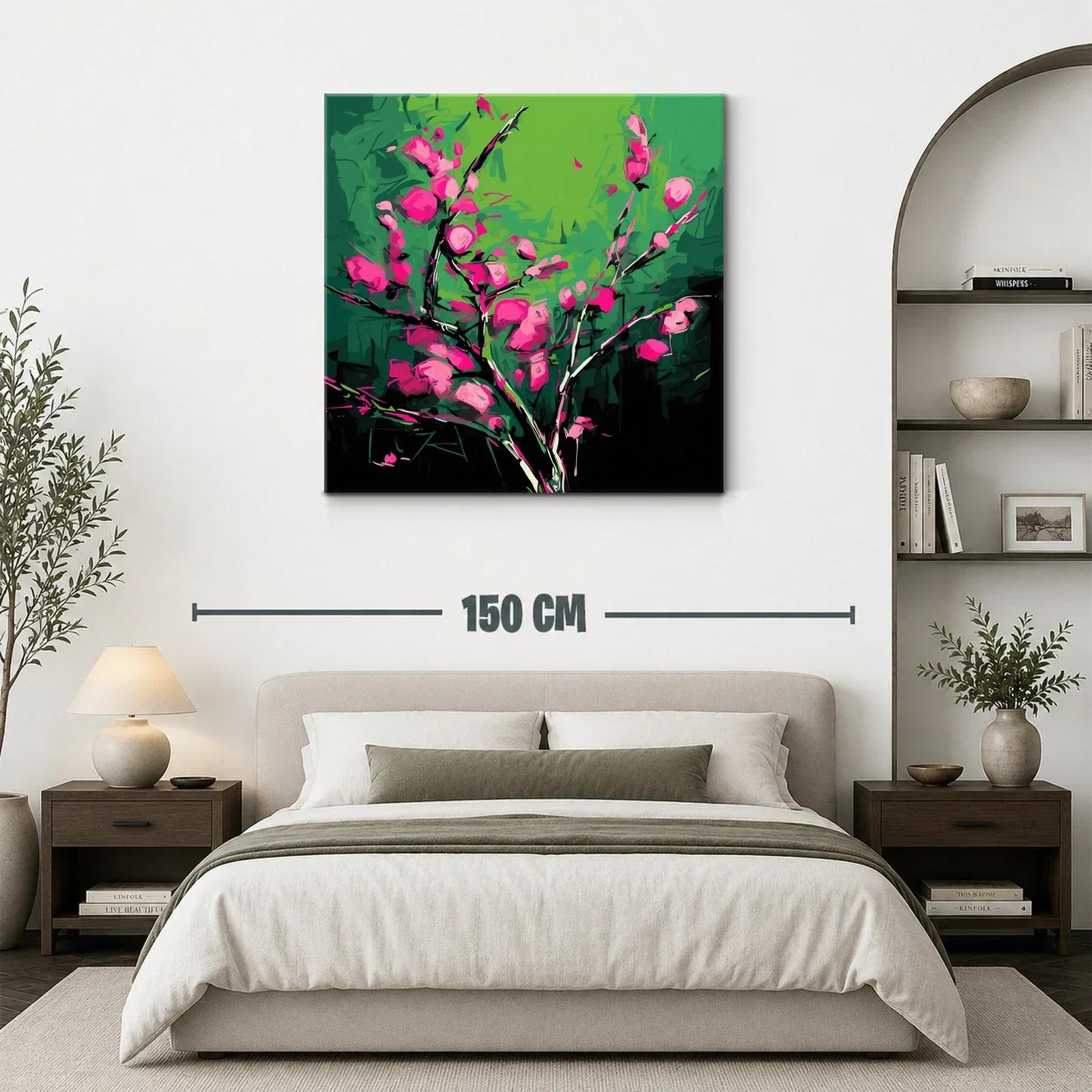 Cuadro vibrante con flores fucsias sobre fondo verde — miniatura 3