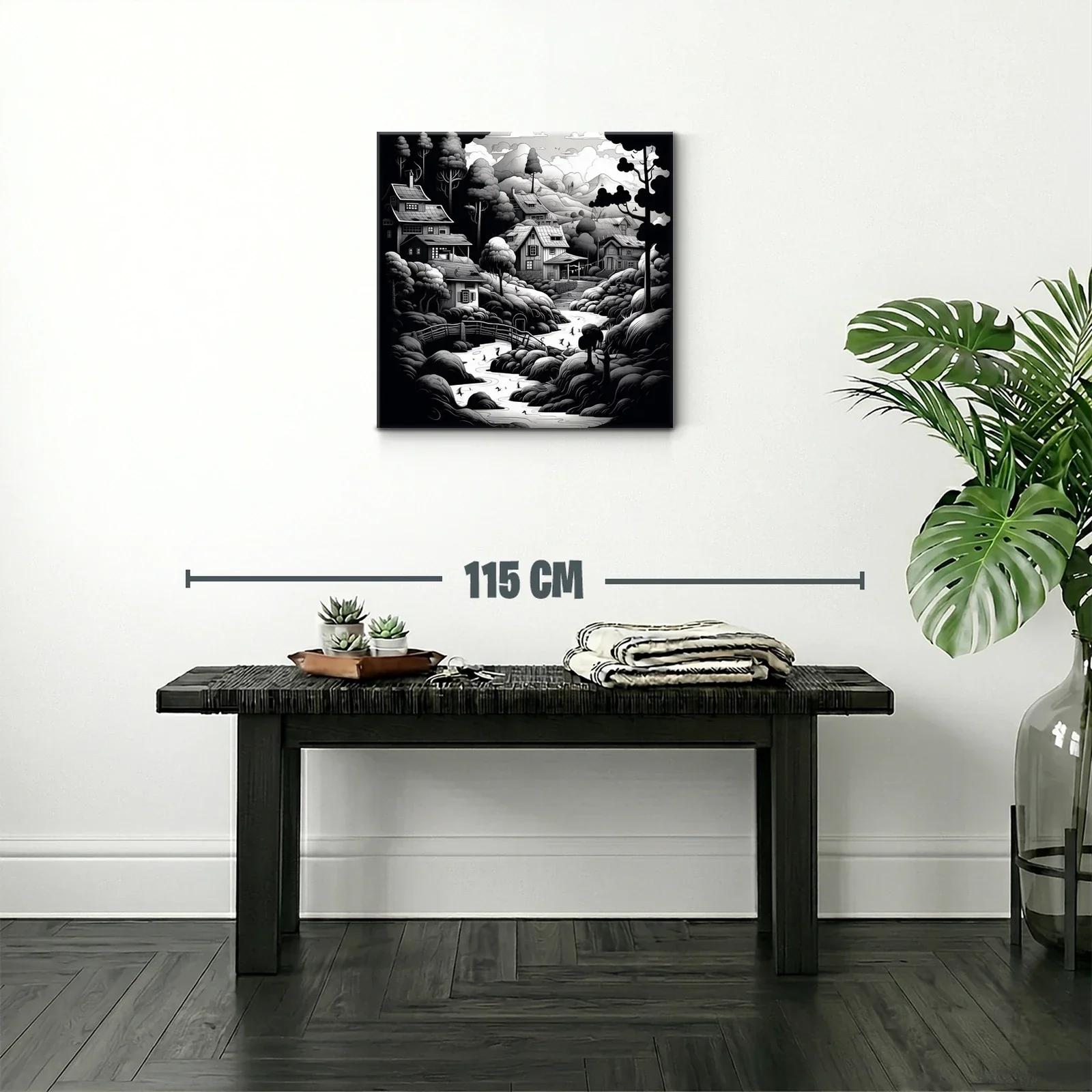 Paisaje rural en blanco y negro con casas y río serpenteante — miniatura 2