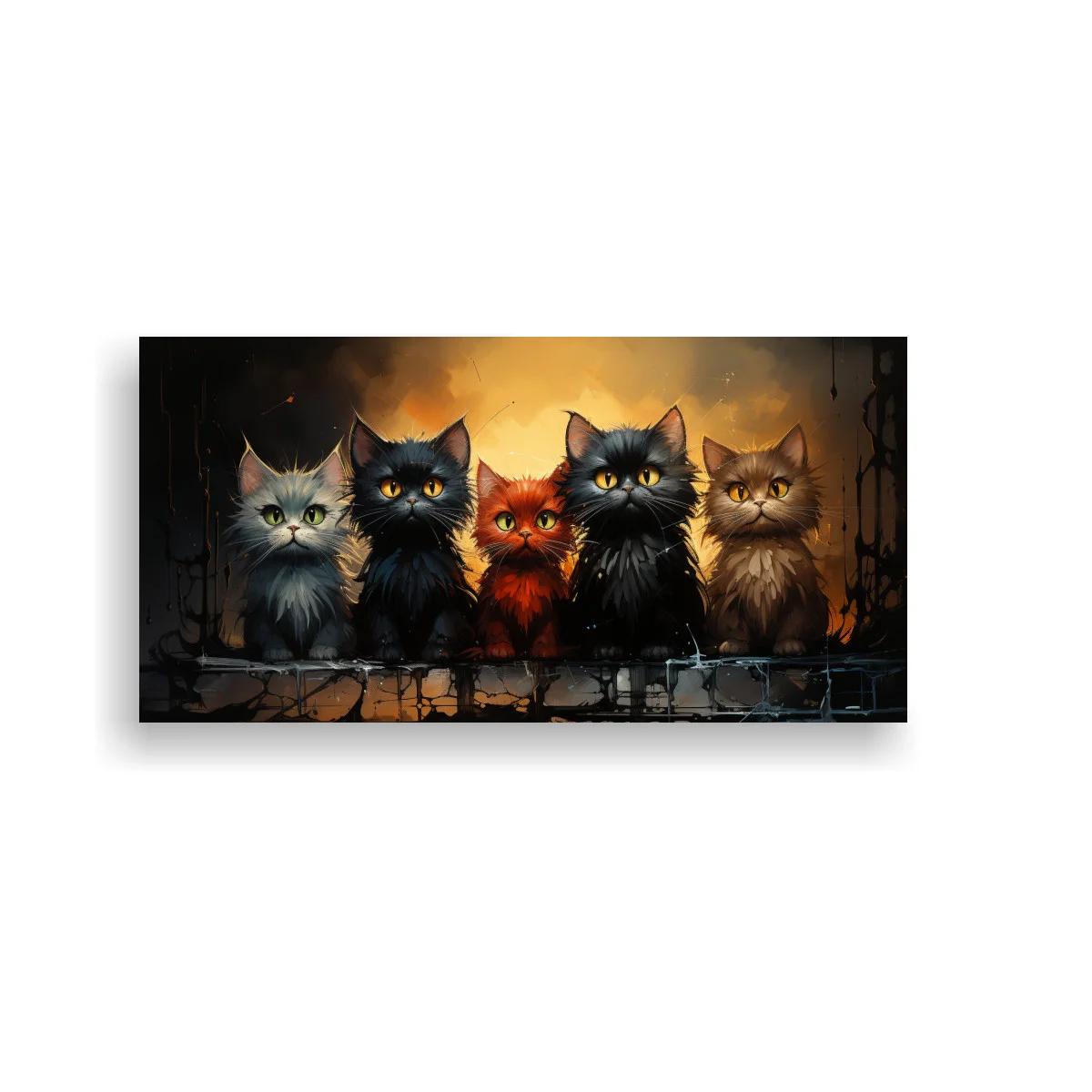 Cuadro cinco gatos peludos con salpicaduras de pintura