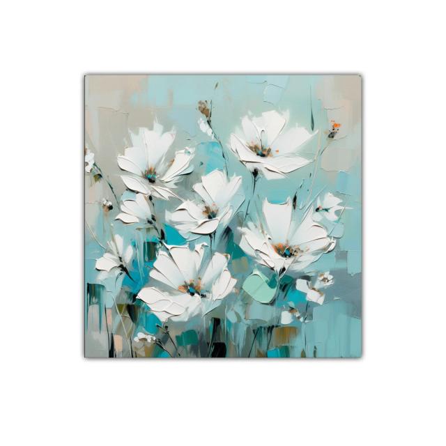 Cuadro decorativo de flores blancas y fondo azul suave