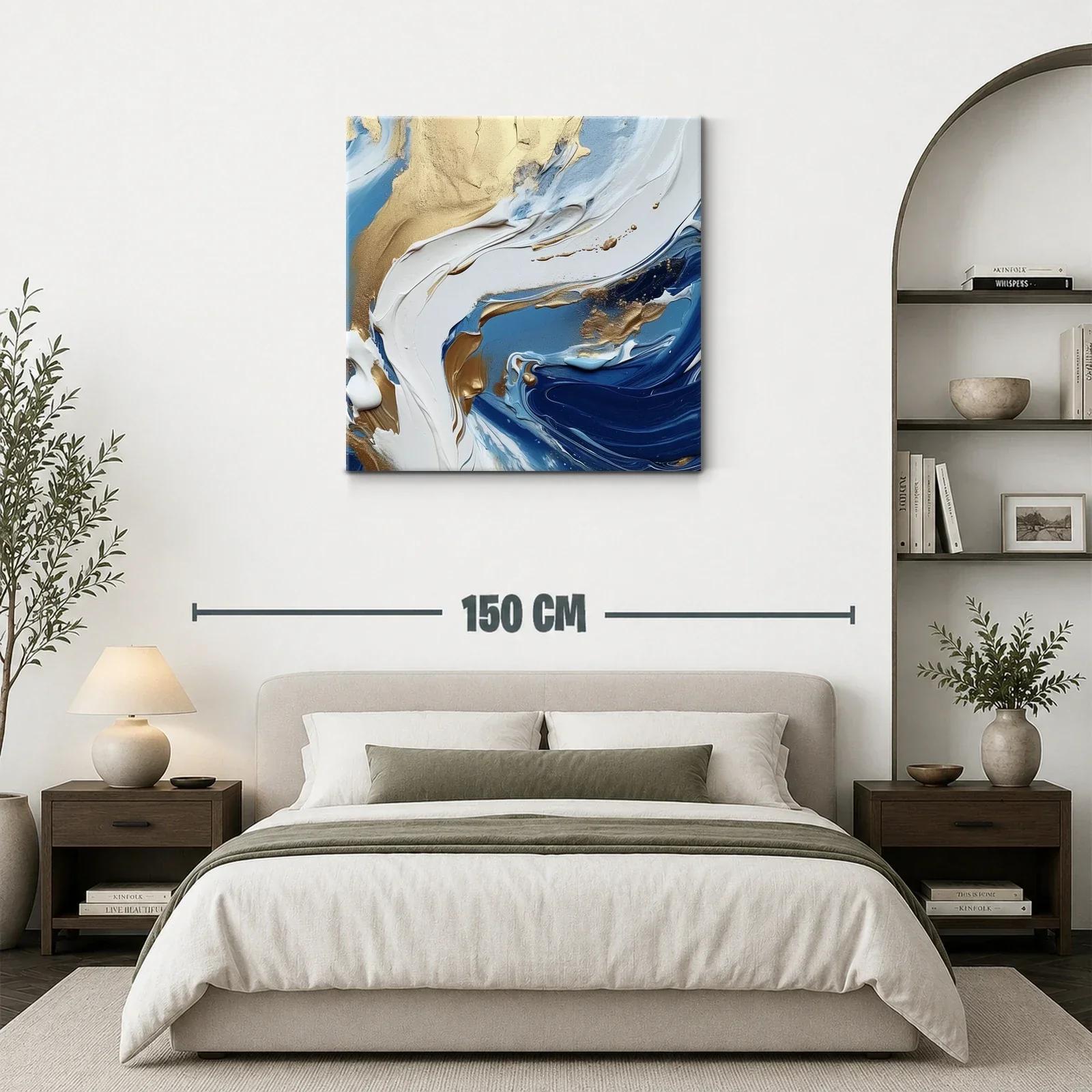 Cuadro abstracto con tonos dorados y azules en movimiento — miniatura 3