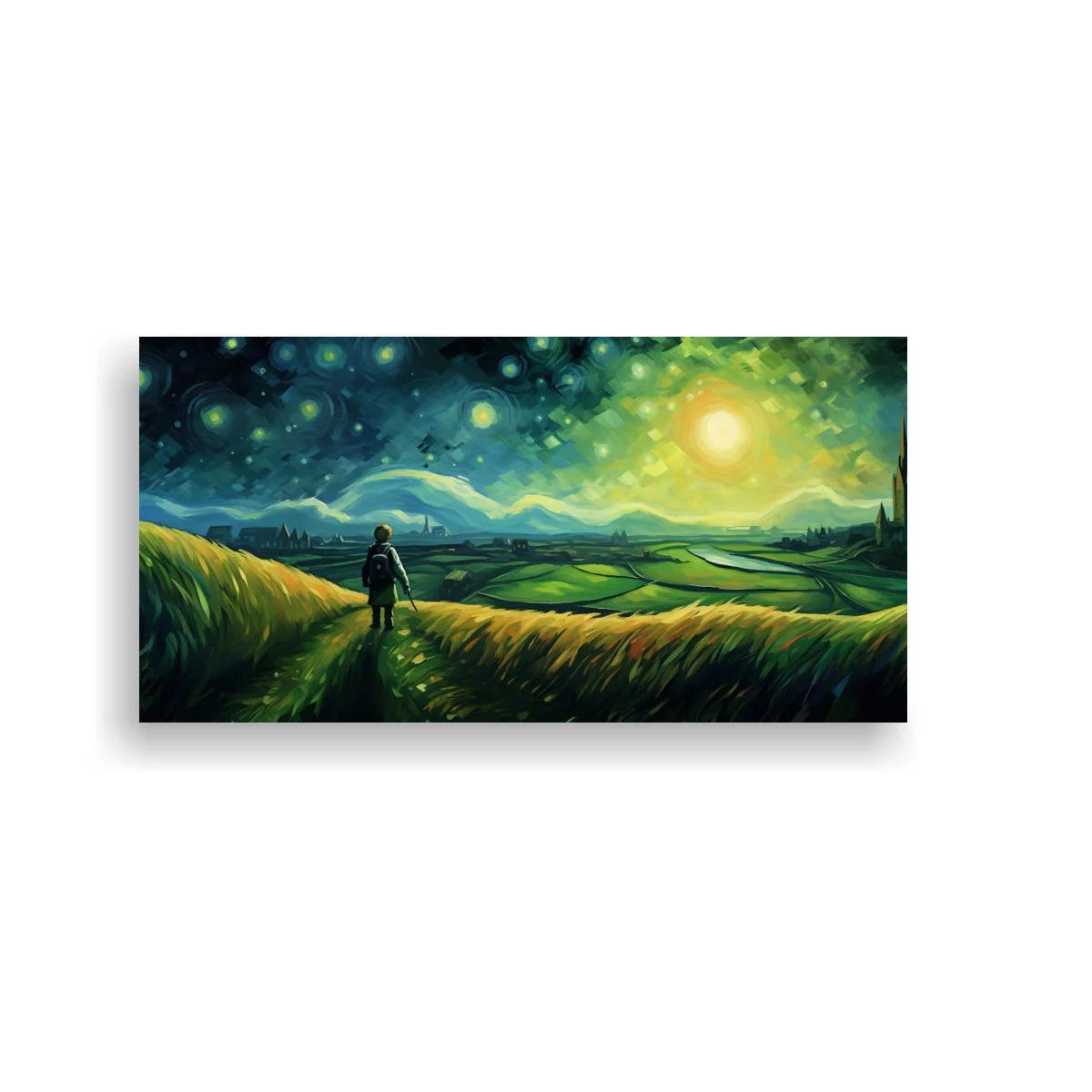 Cuadro paisaje campestre con figura caminando y luz dorada en el cielo