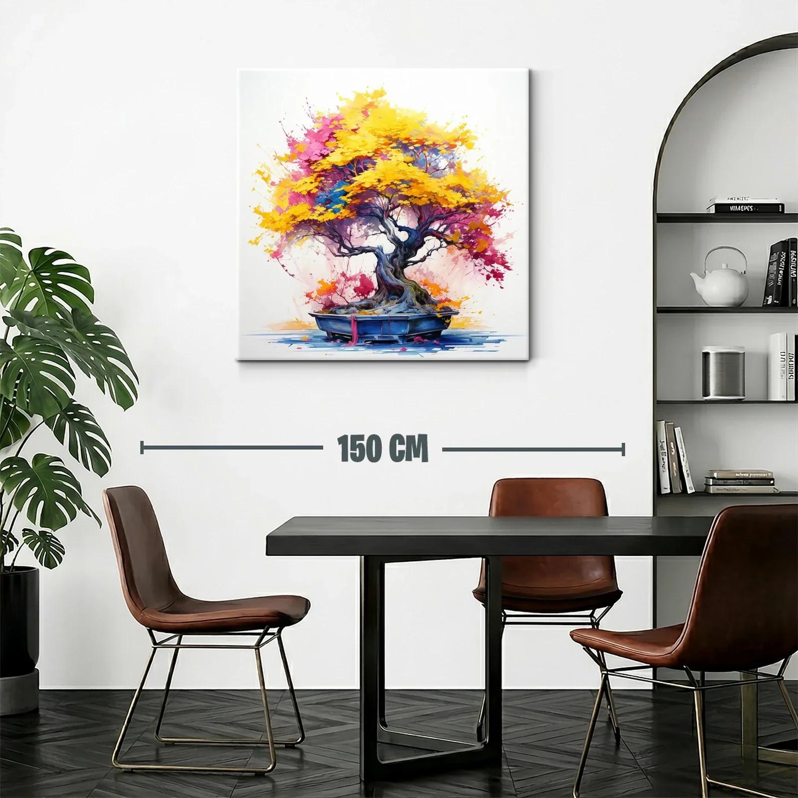 Árbol de bonsái con vibrantes hojas otoñales en amarillo y rosa — miniatura 2