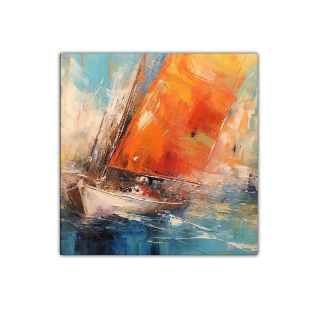 Cuadro barco con velas naranjas surcando el mar azul