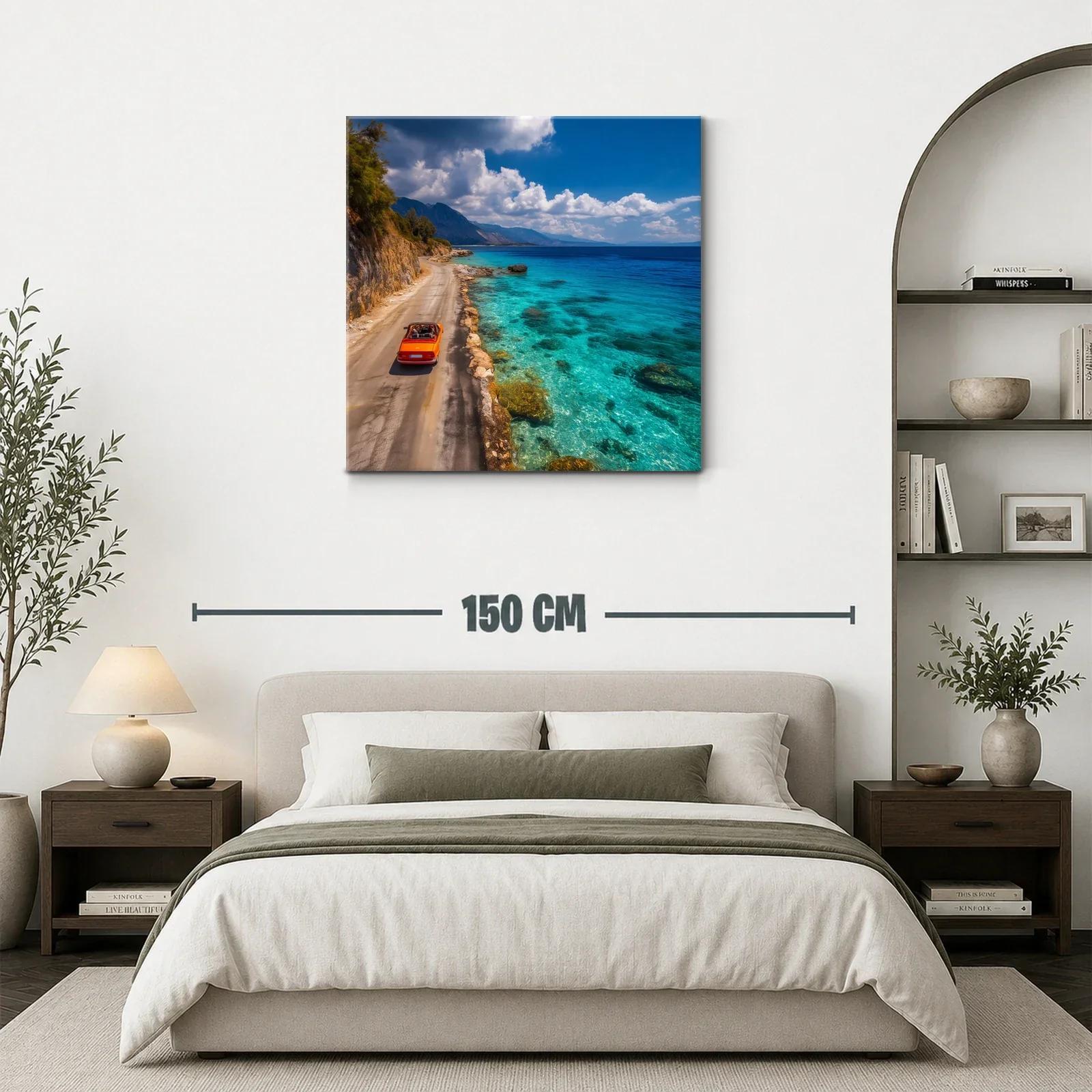 Paisaje costero con coche rojo y mar turquesa brillante — miniatura 3