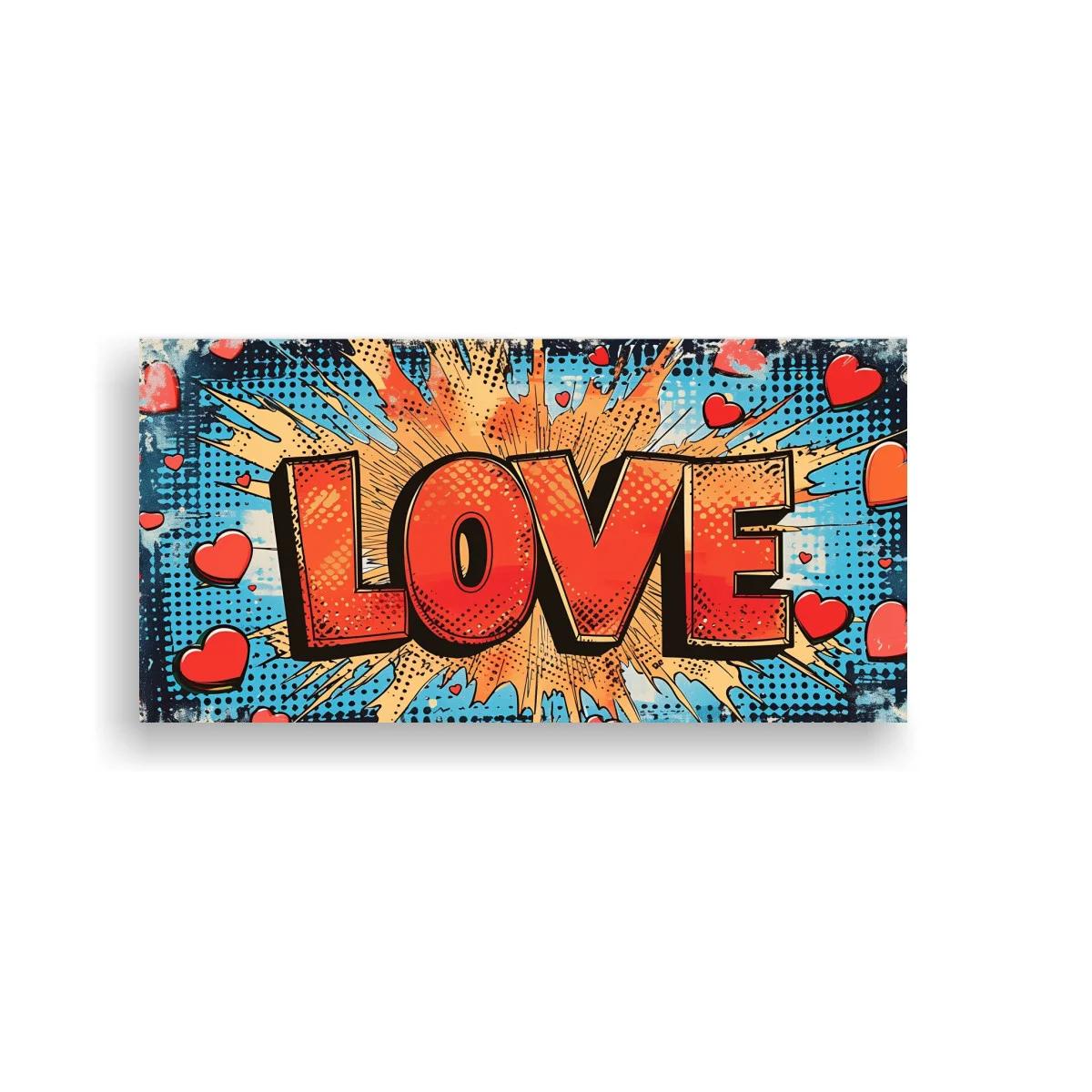 Cuadro palabra LOVE en rojo con corazones y estilo cómic