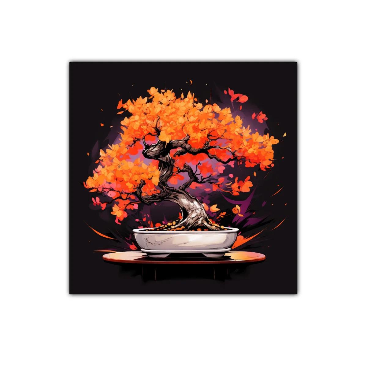 Bonsái con vibrantes hojas naranjas sobre fondo oscuro — imagen principal