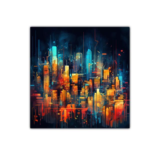 Ciudad futurista vibrante con luces cálidas y frías