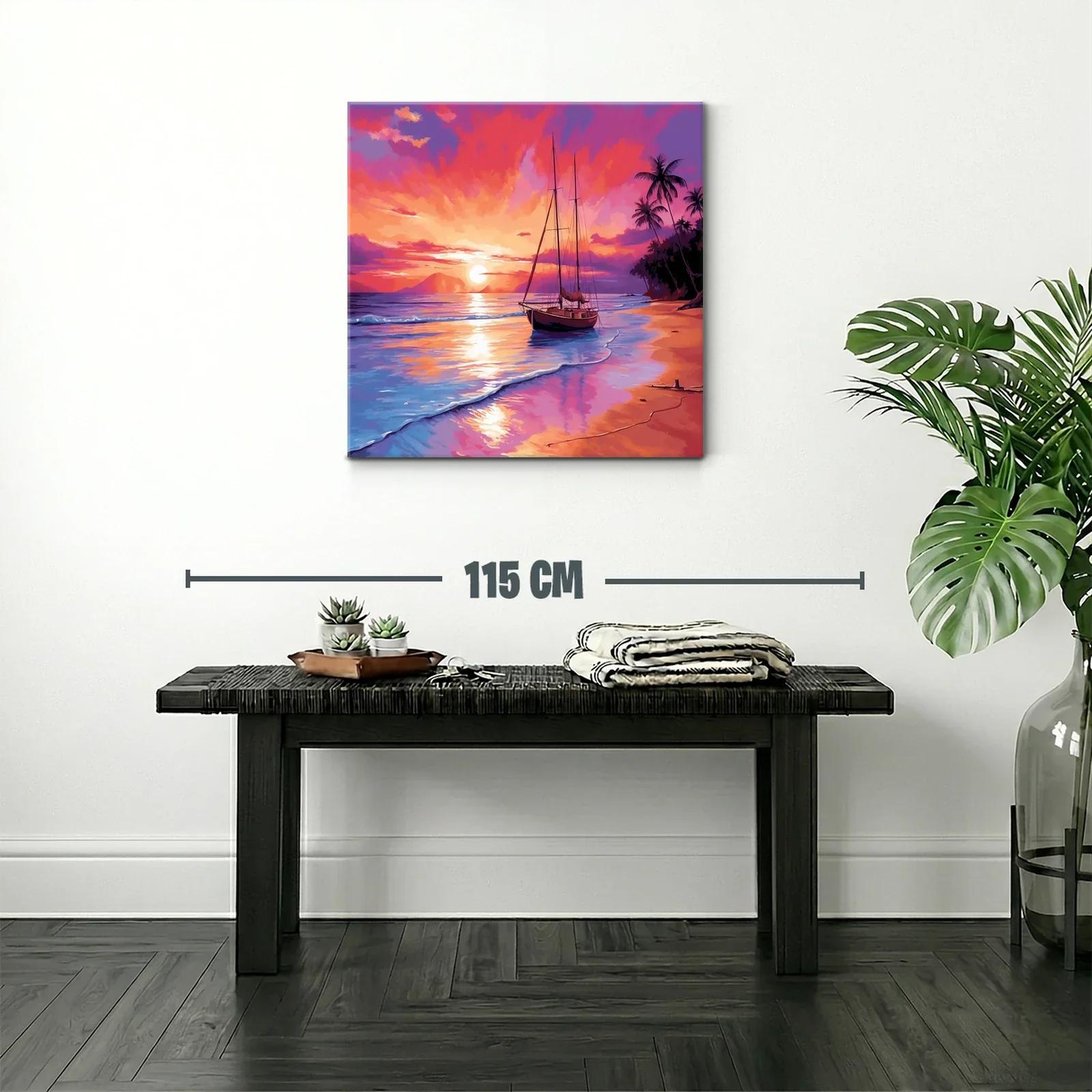 Atardecer vibrante con velero y palmeras en la playa — miniatura 2