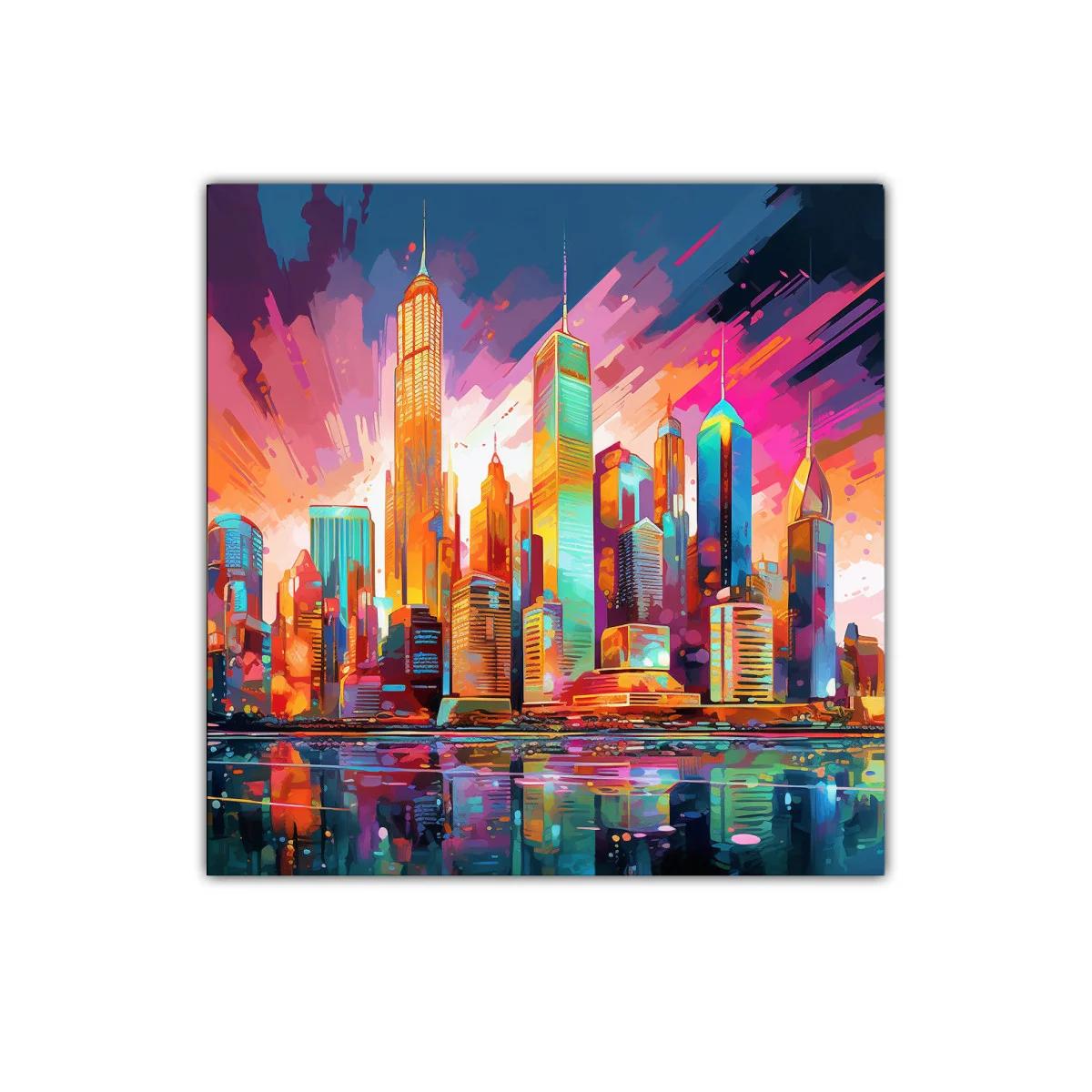 Vibrante ciudad al atardecer con reflejos intensos — imagen principal