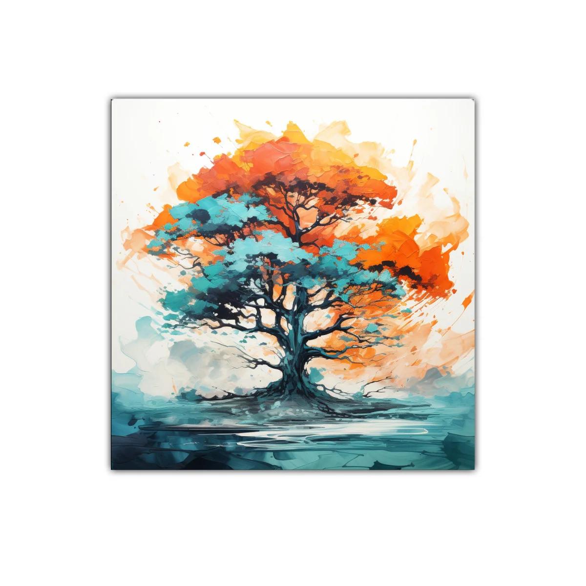 Árbol vibrante con tonos turquesa y naranja intenso