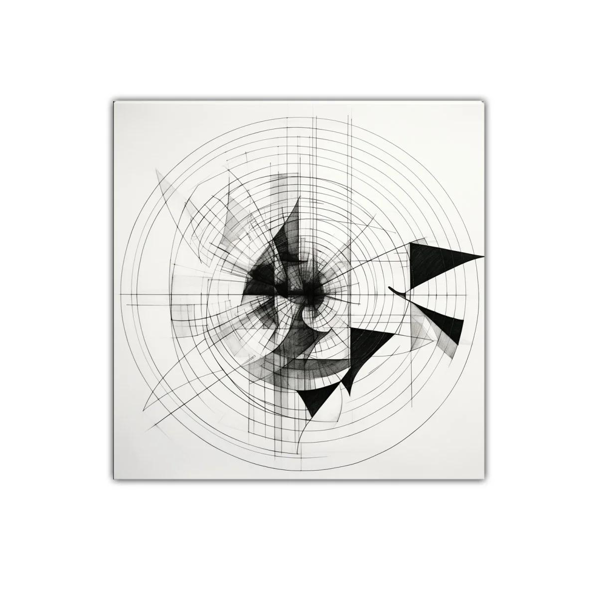 Composición geométrica en blanco y negro con círculos concéntricos