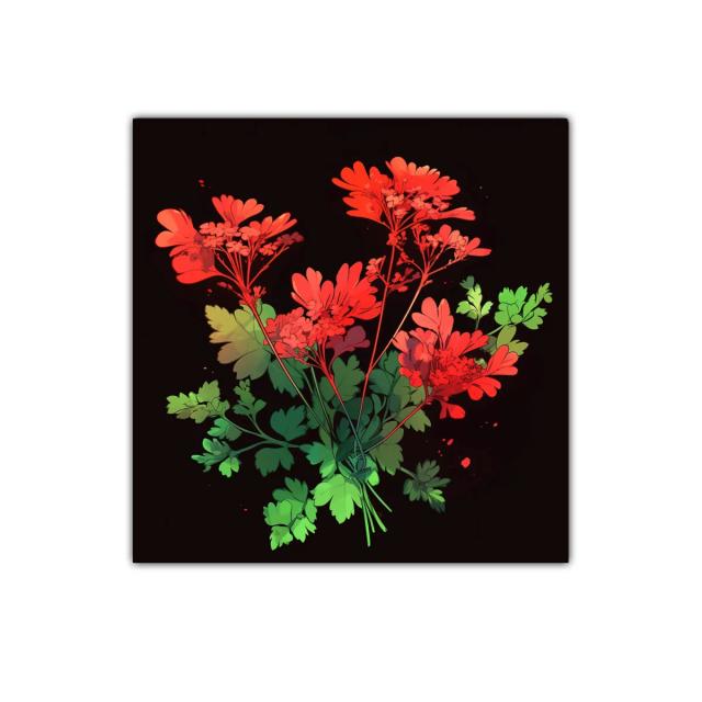 Ramo vibrante de flores rojas y hojas verdes sobre fondo oscuro