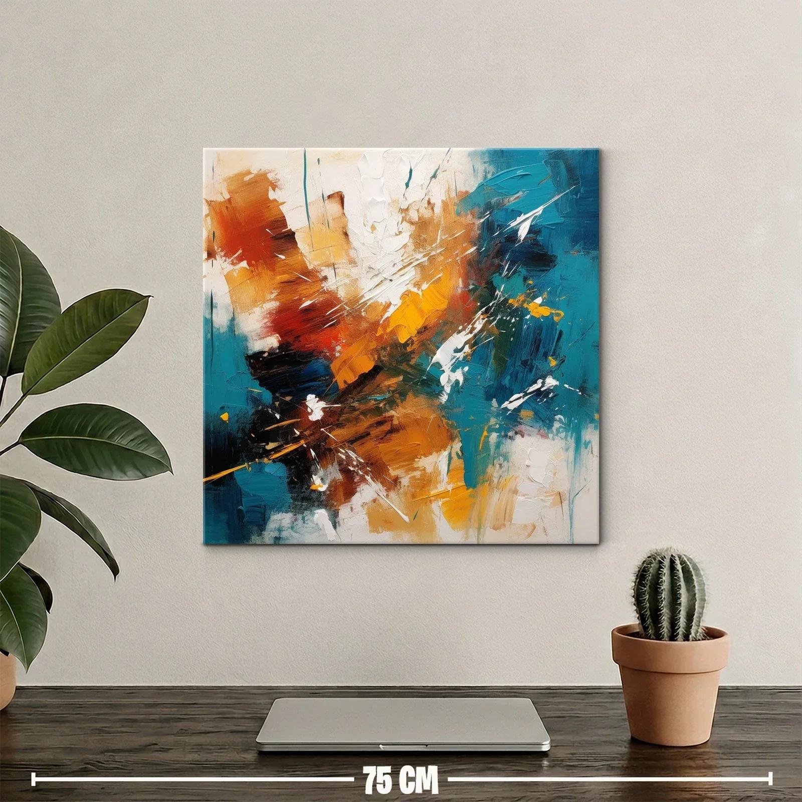 Cuadro abstracto con tonos cálidos y azul turquesa vibrante — miniatura 2