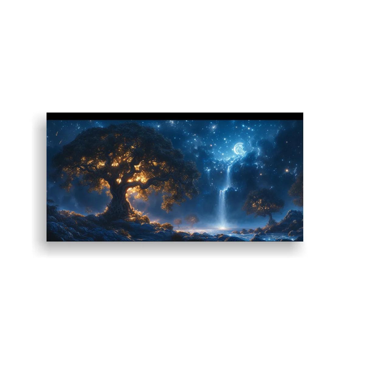 Cuadro árbol resplandeciente con cielo estrellado y cascada luminosa — imagen principal