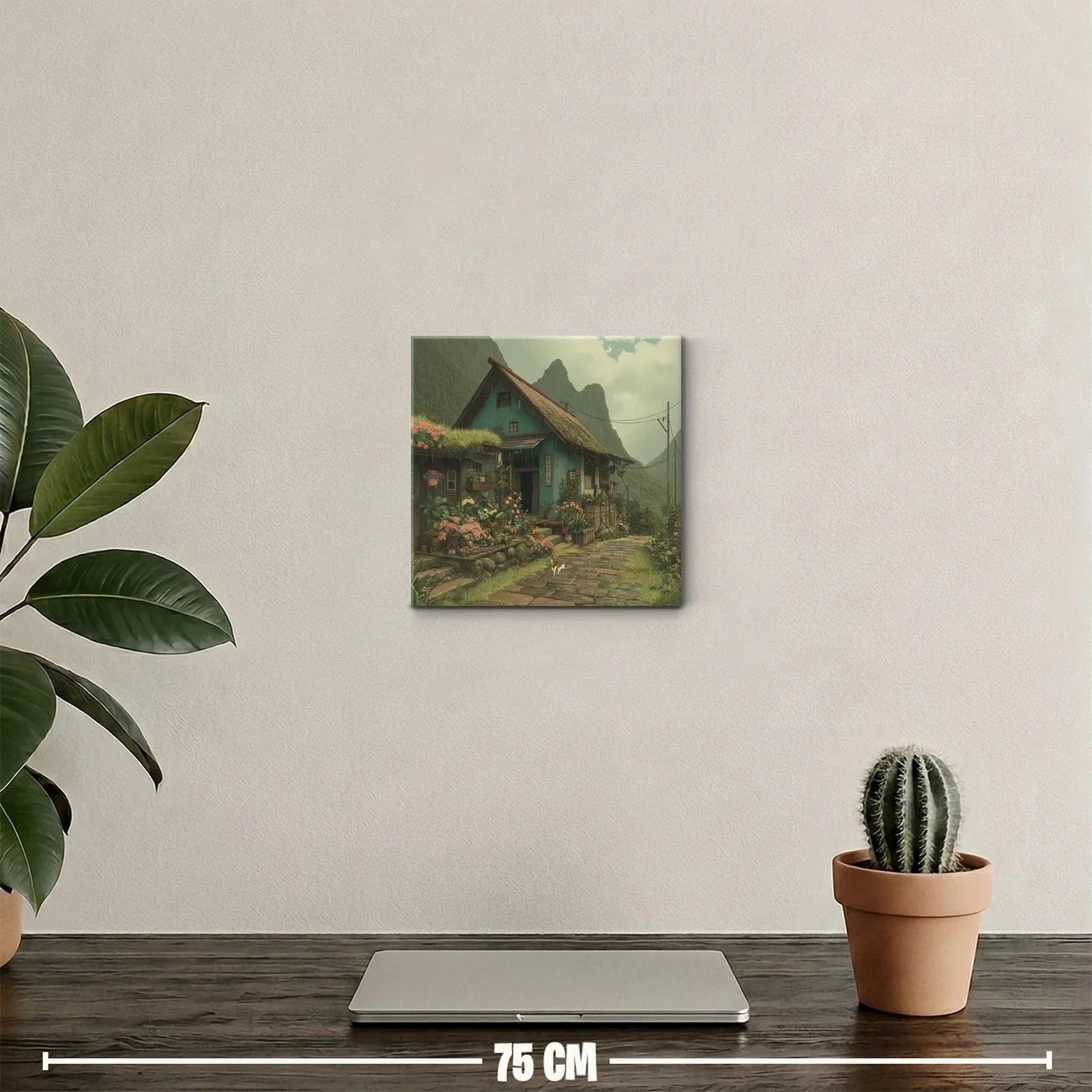 Paisaje rural con casa y jardín florido bajo lluvia suave — miniatura 2