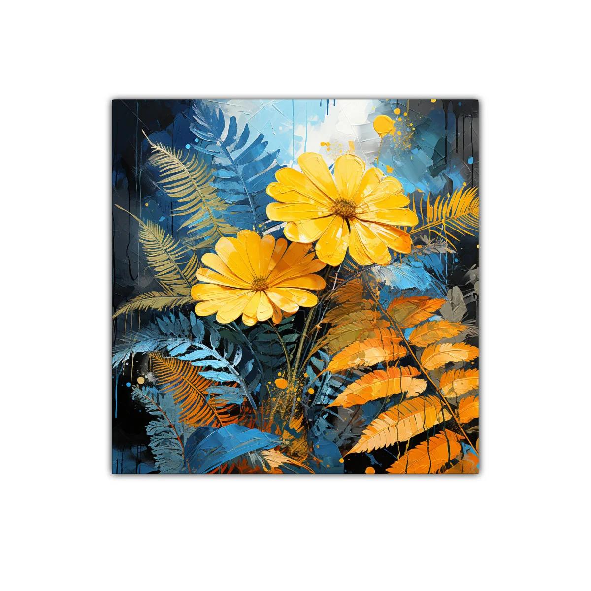 Cuadro decorativo con flores amarillas y hojas azul y naranja