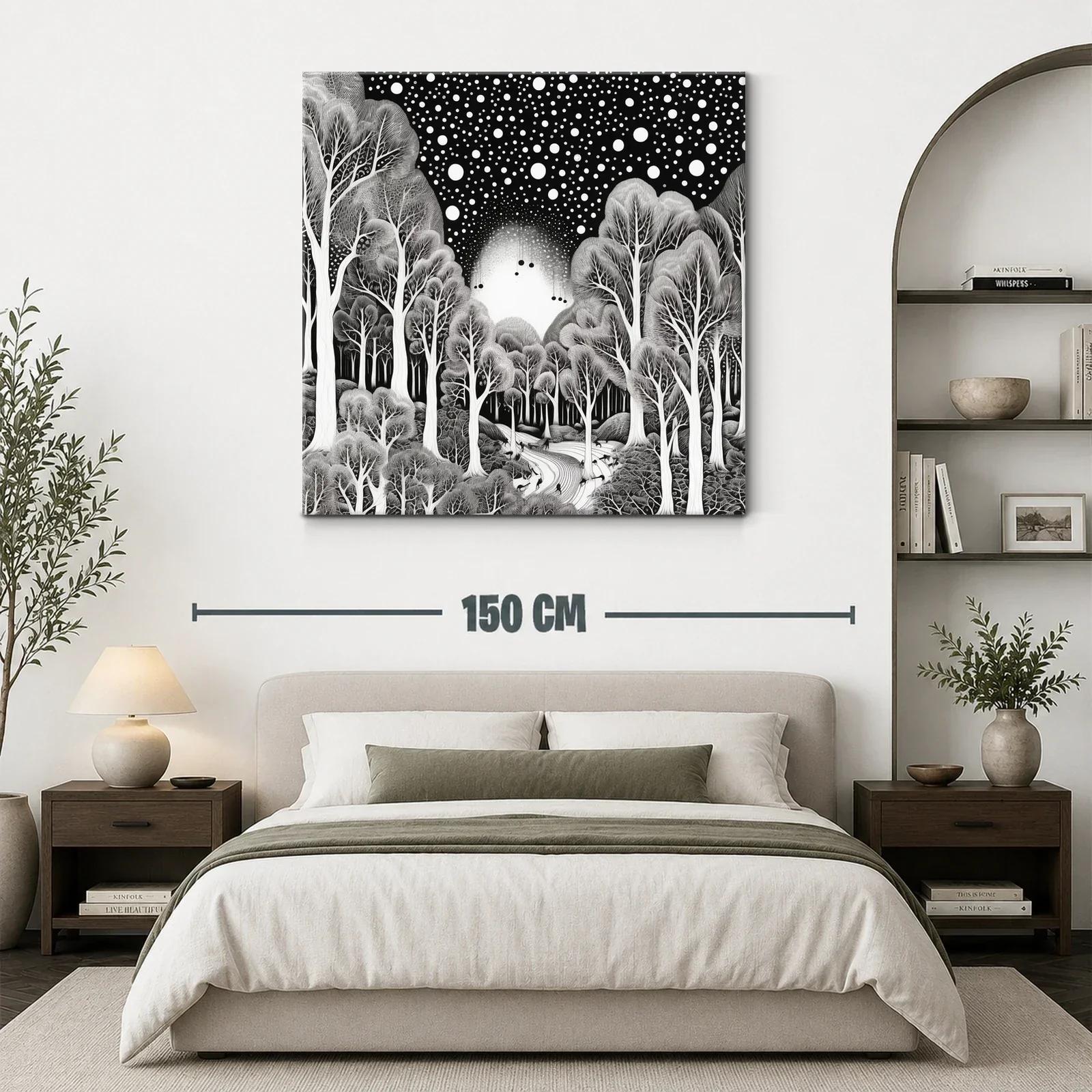 Bosque mágico bajo un cielo estrellado en blanco y negro — miniatura 3