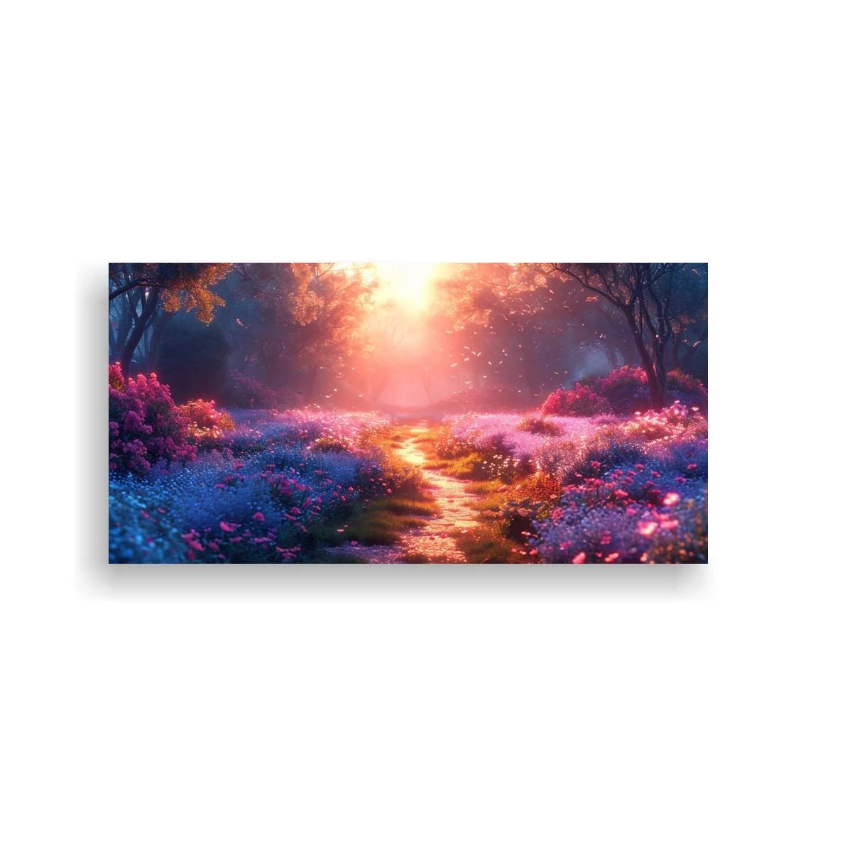 Cuadro sendero luminoso entre flores con atmósfera neblinosa