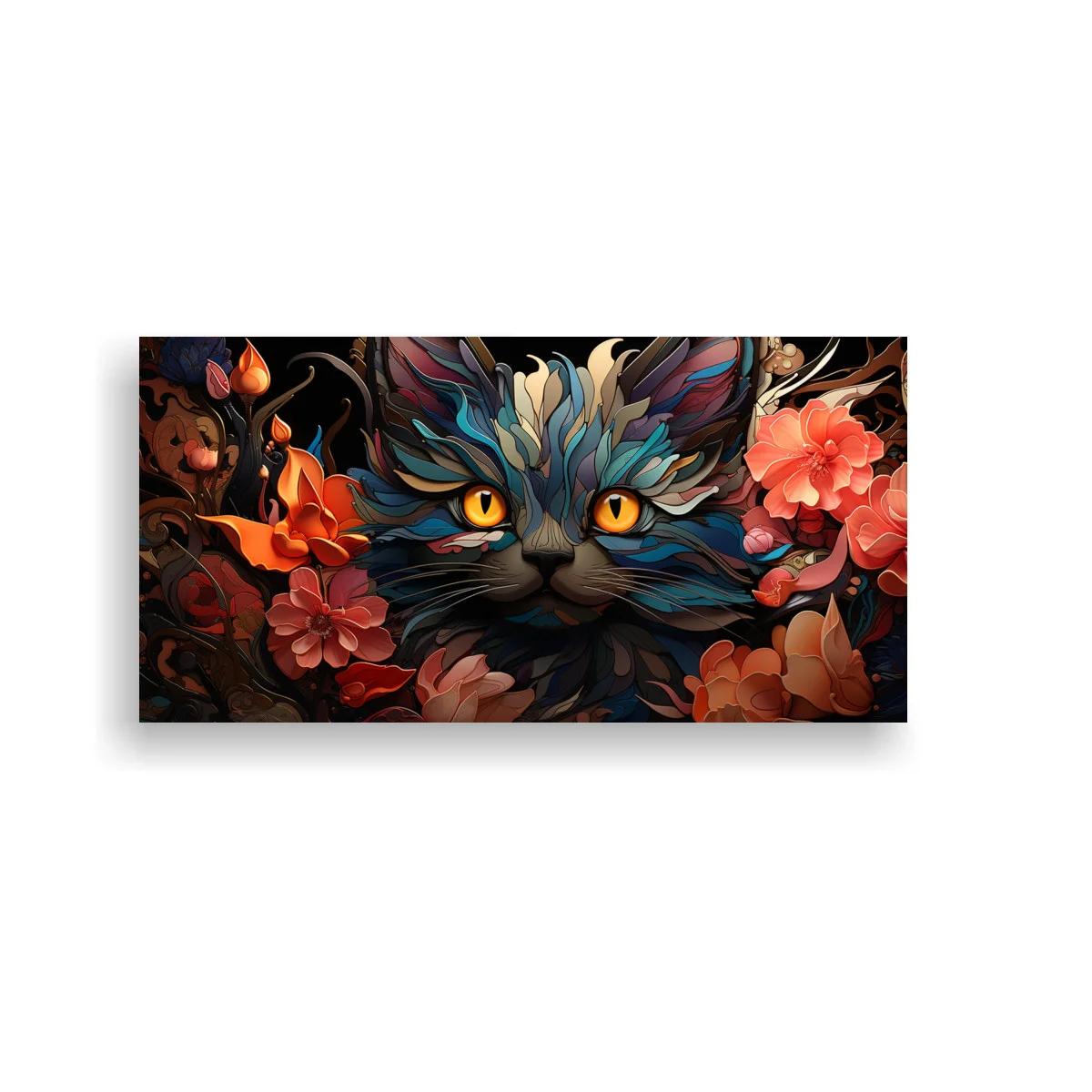Cuadro gato de ojos amarillos enmarcado por flores y follaje
