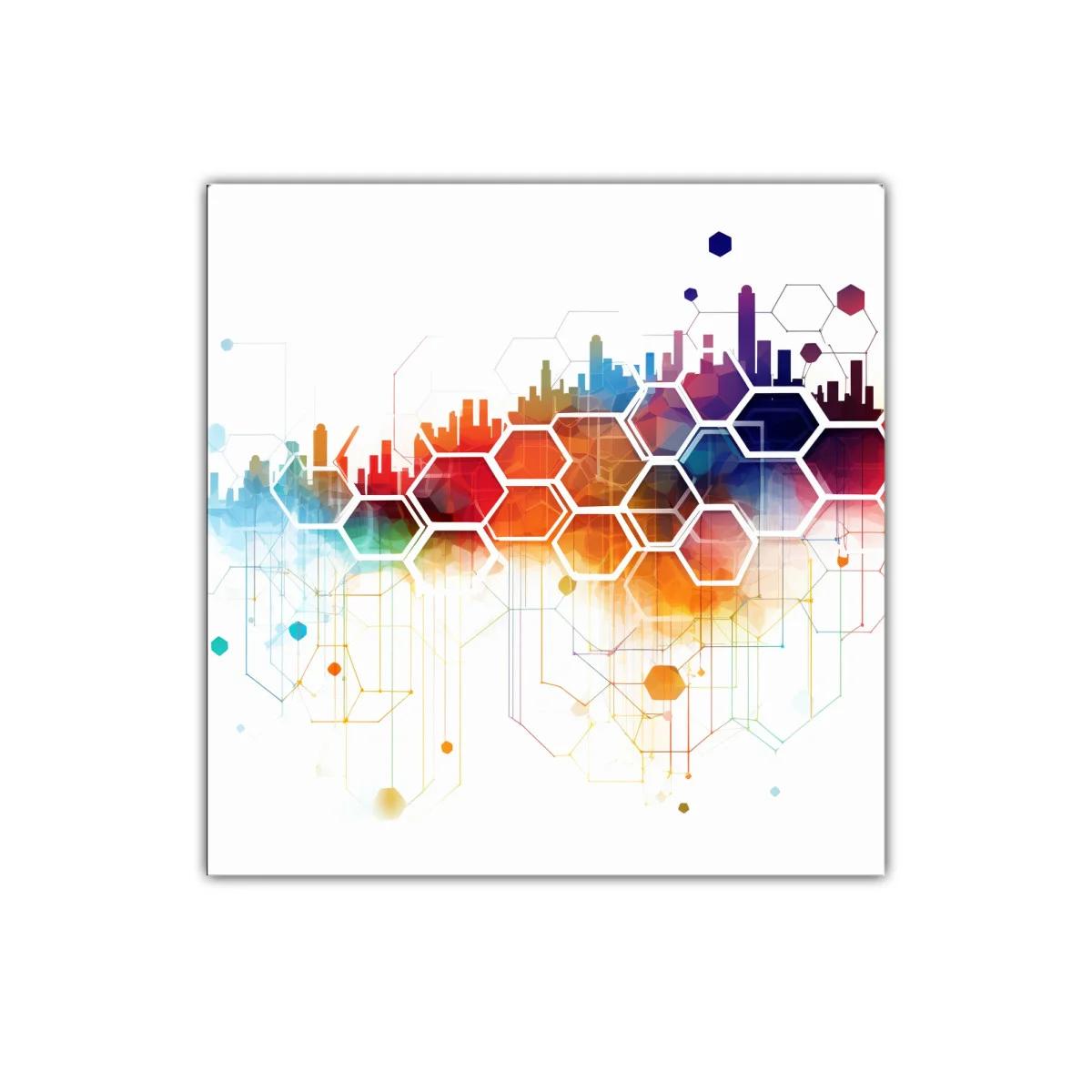 Composición abstracta con hexágonos y skyline colorido