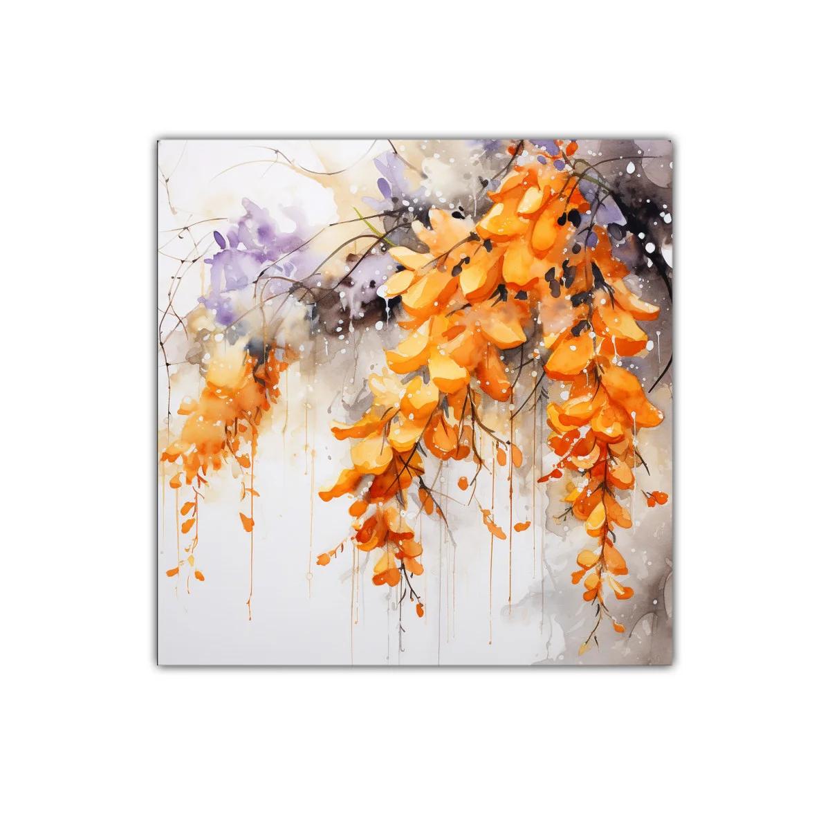Cuadro decorativo con flores cálidas en tonos naranjas y lilas