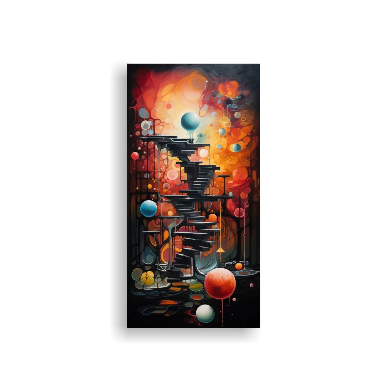 Cuadro escalera de caracol surrealista con esferas brillantes