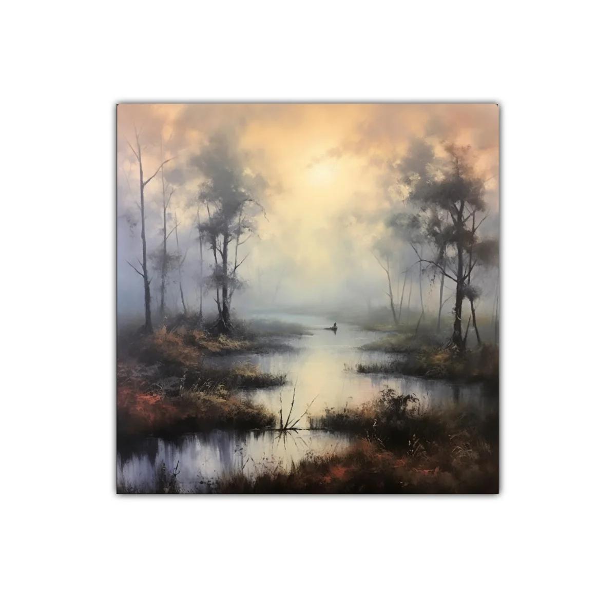 Paisaje brumoso de río sereno en tonos cálidos y grises — imagen principal