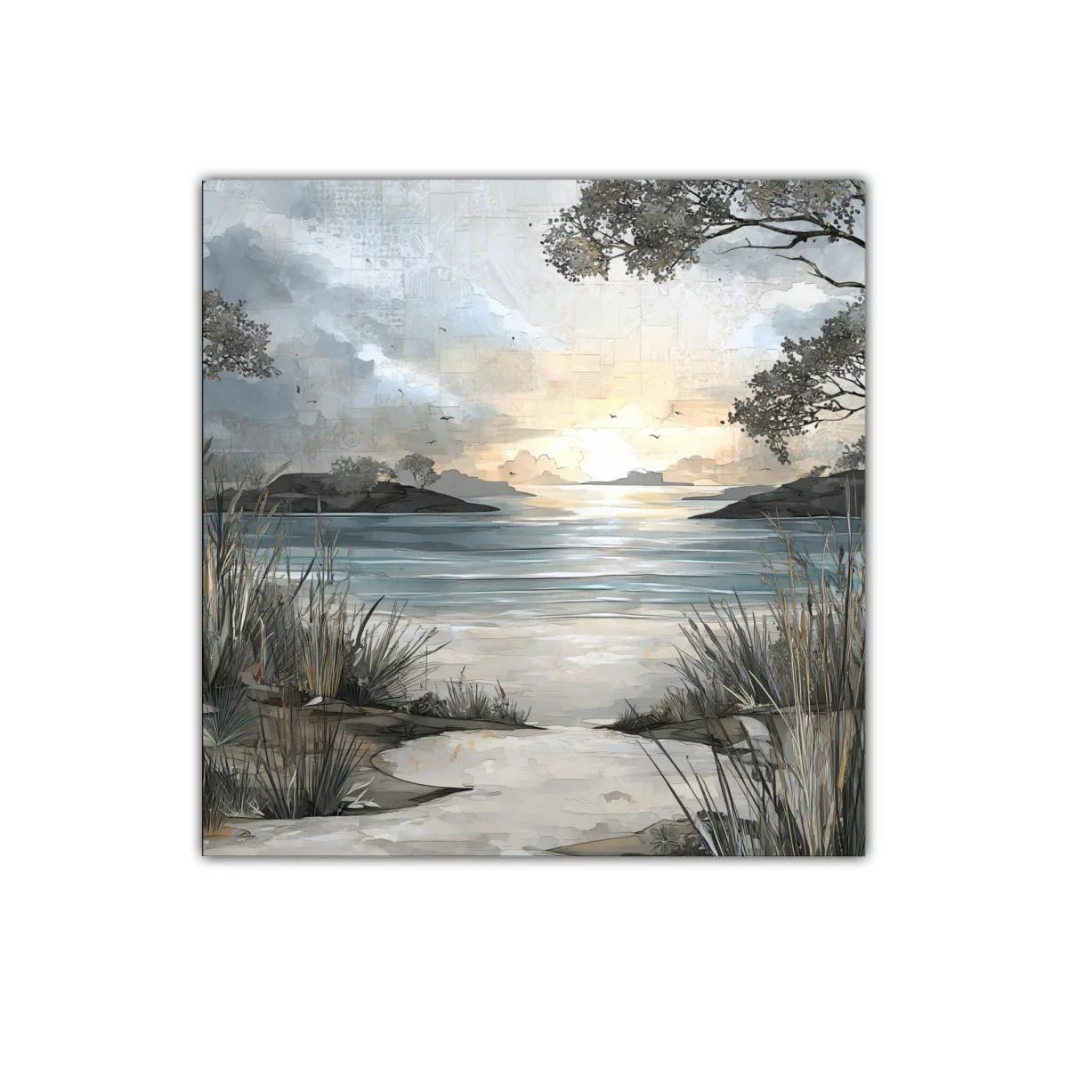 Paisaje sereno al atardecer en tonos neutros y azules — miniatura 1