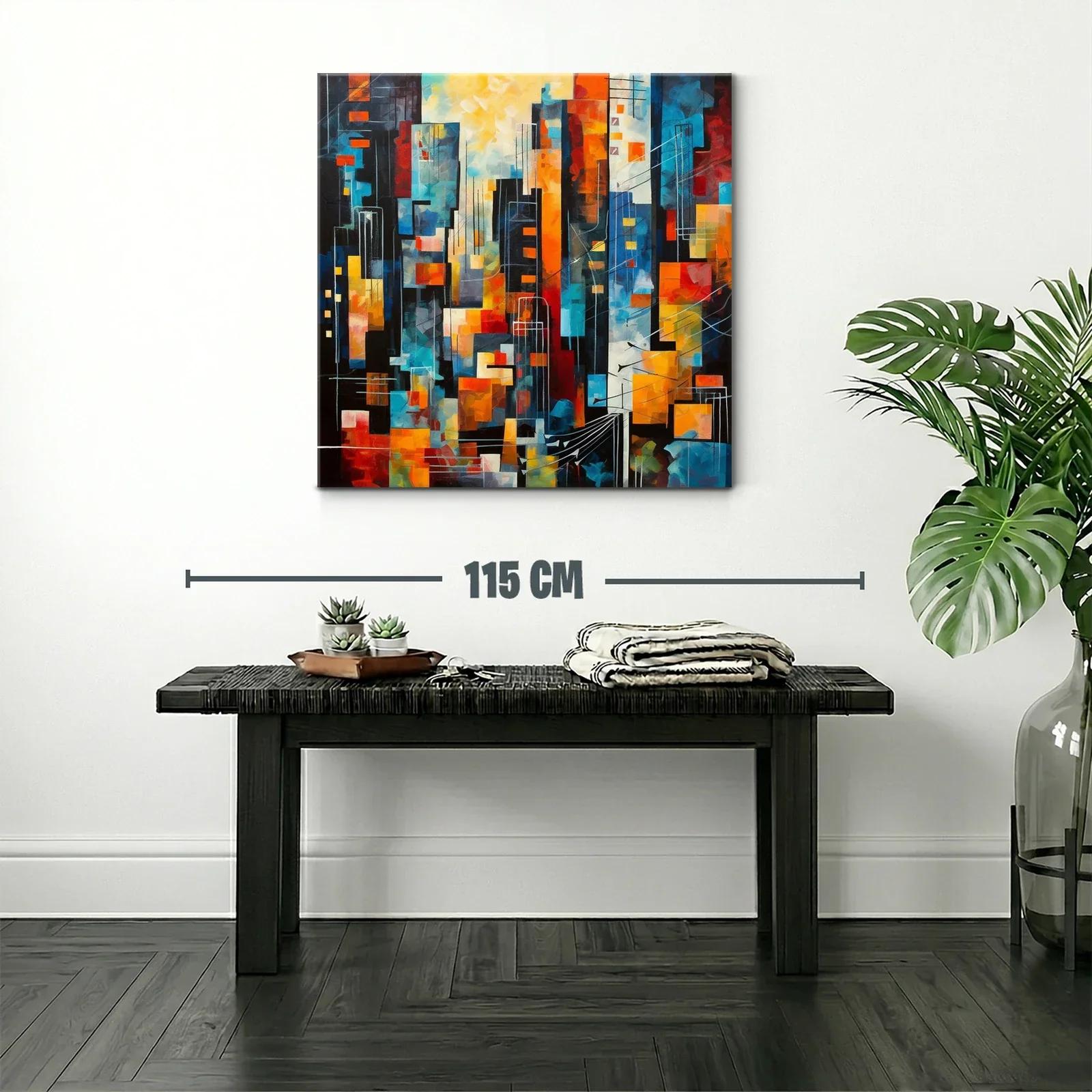 Cuadro abstracto con vibrante ciudad en tonos cálidos y fríos — miniatura 2