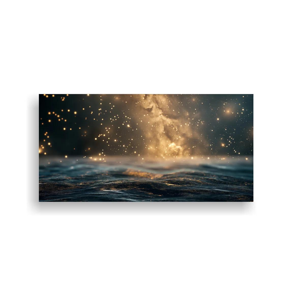 Cuadro mar iluminado bajo un cielo estrellado con luz dorada