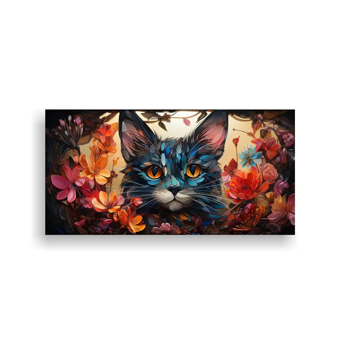 Cuadro gato de ojos ámbar entre flores y follaje