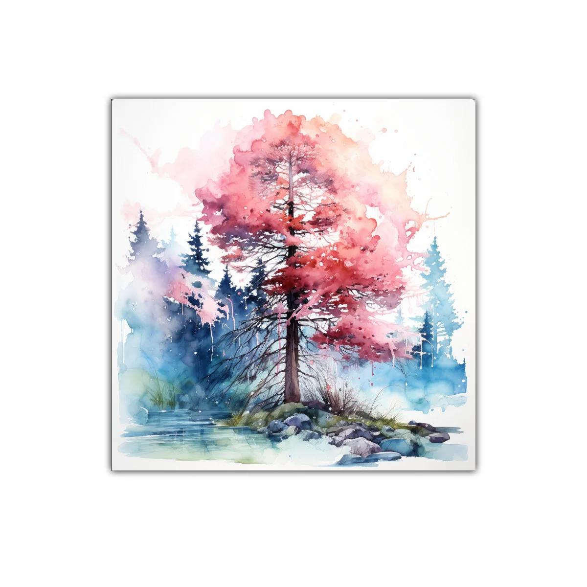 Árbol en otoño con hojas rosas y fondo de bosque azul