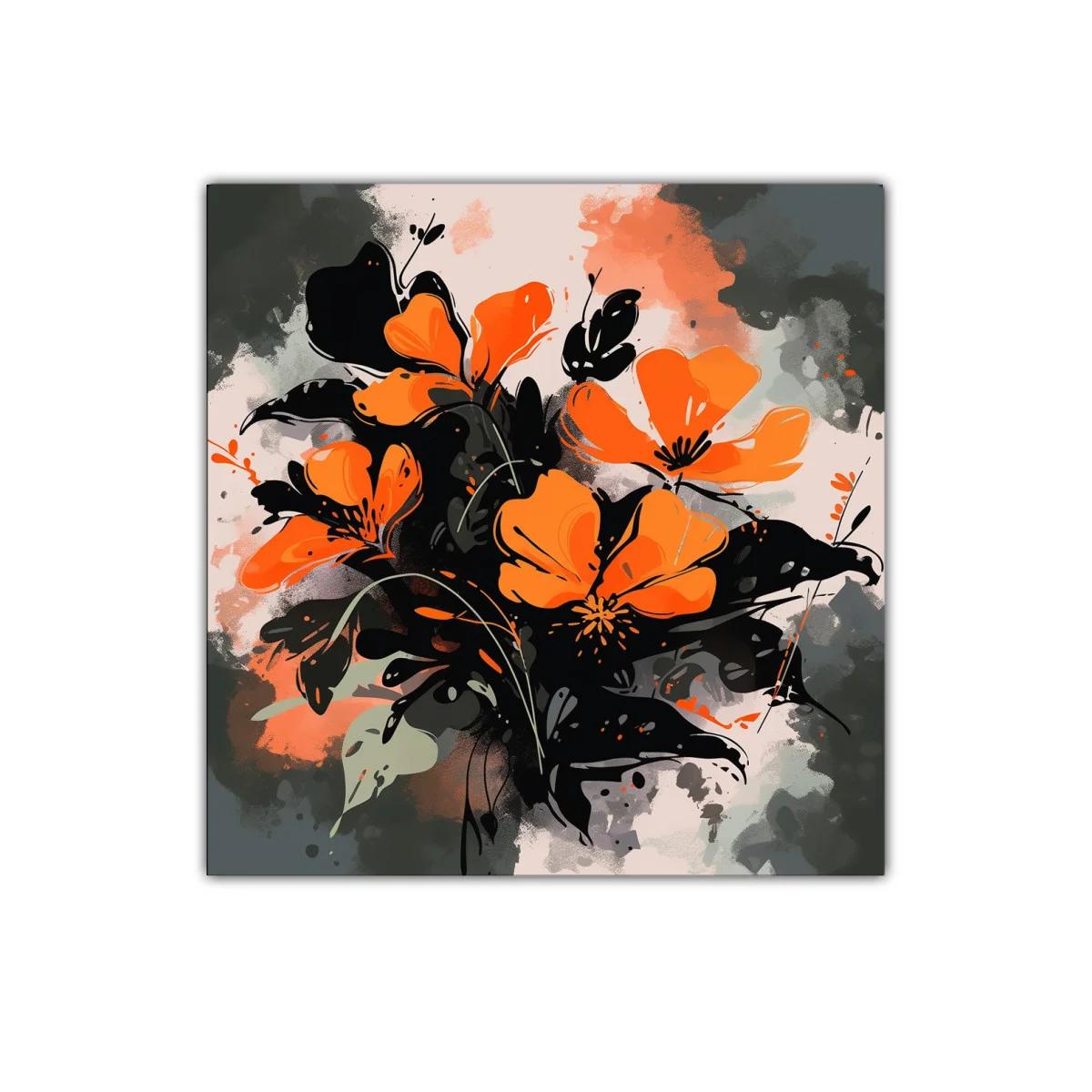 Cuadro floral vibrante con flores naranjas y hojas oscuras