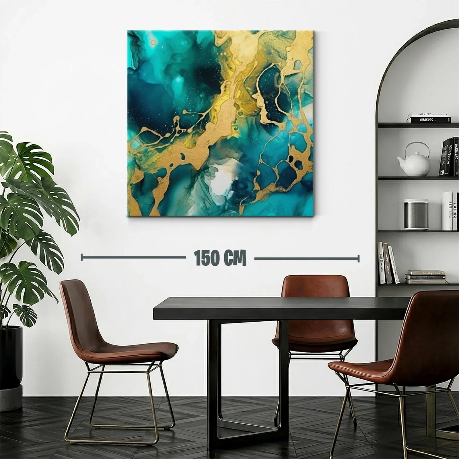 Cuadro abstracto con tonos turquesa y dorados vibrantes — miniatura 2