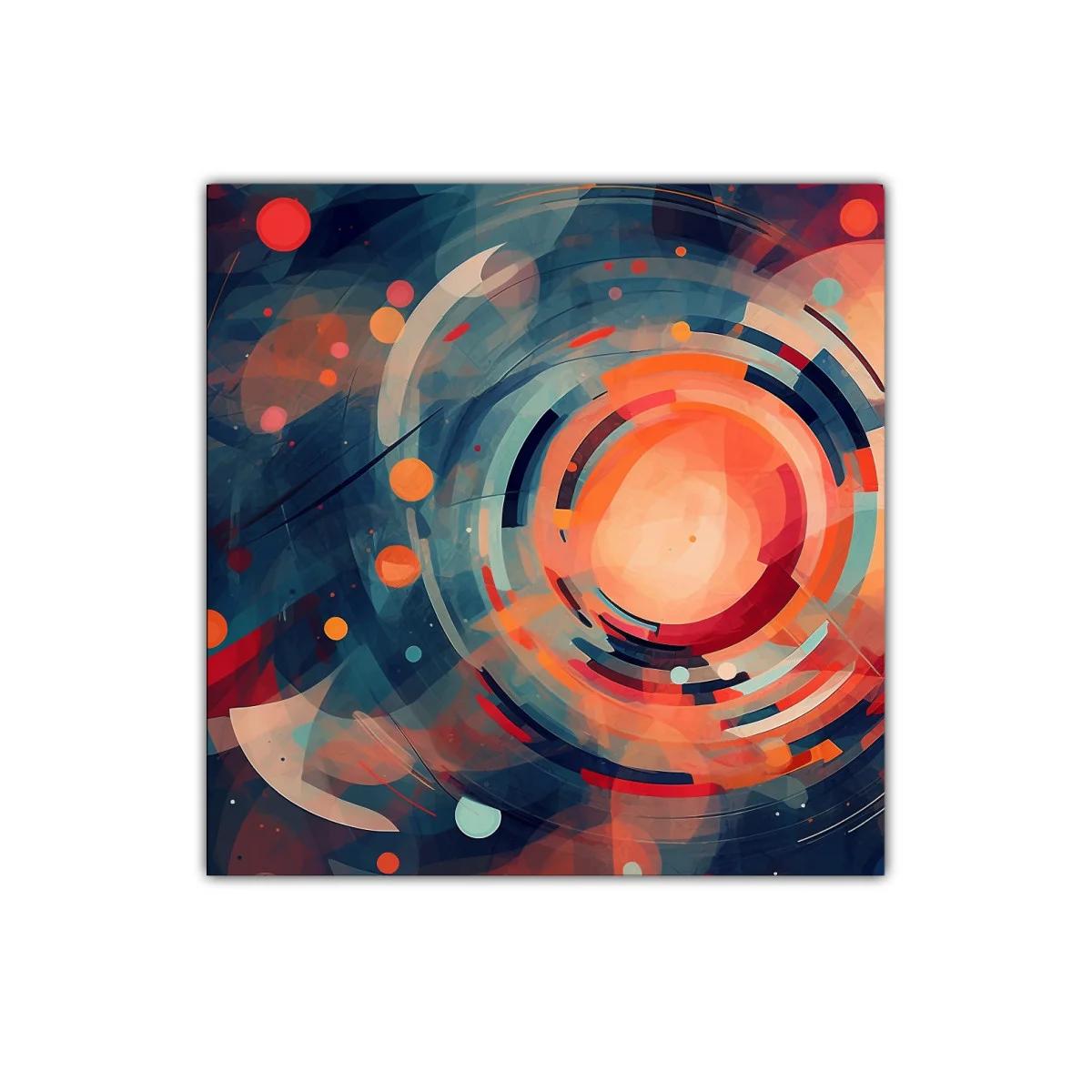 Cuadro abstracto con formas circulares y tonos cálidos y fríos