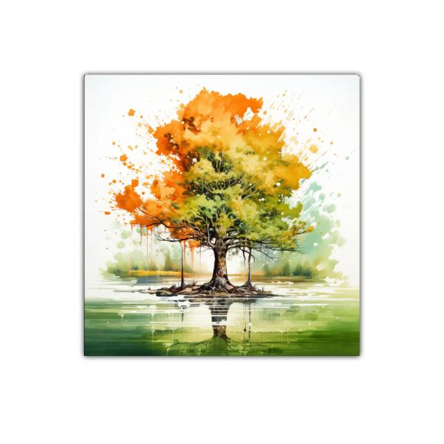 Árbol colorido reflejado en el agua con tonos otoñales