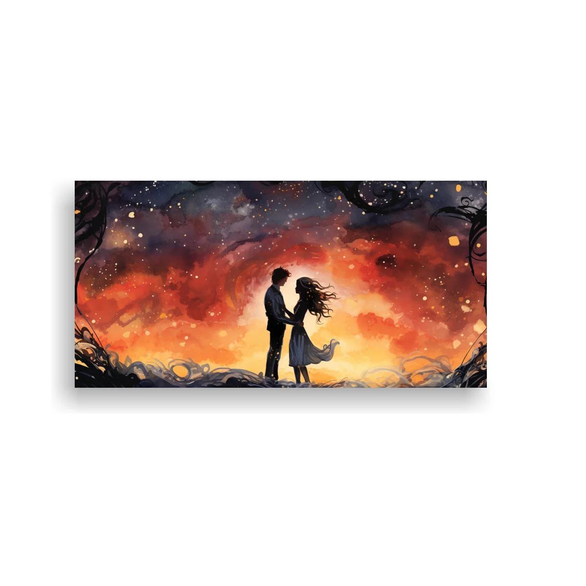 Cuadro pareja abrazándose con cielo fantástico y ramas oscuras