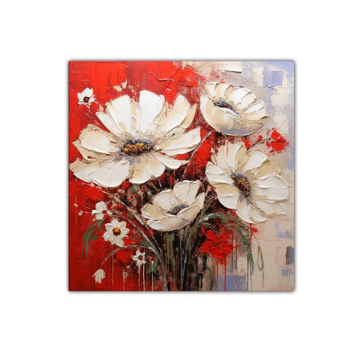 Flores blancas sobre fondo rojo intenso y texturas vibrantes — imagen principal