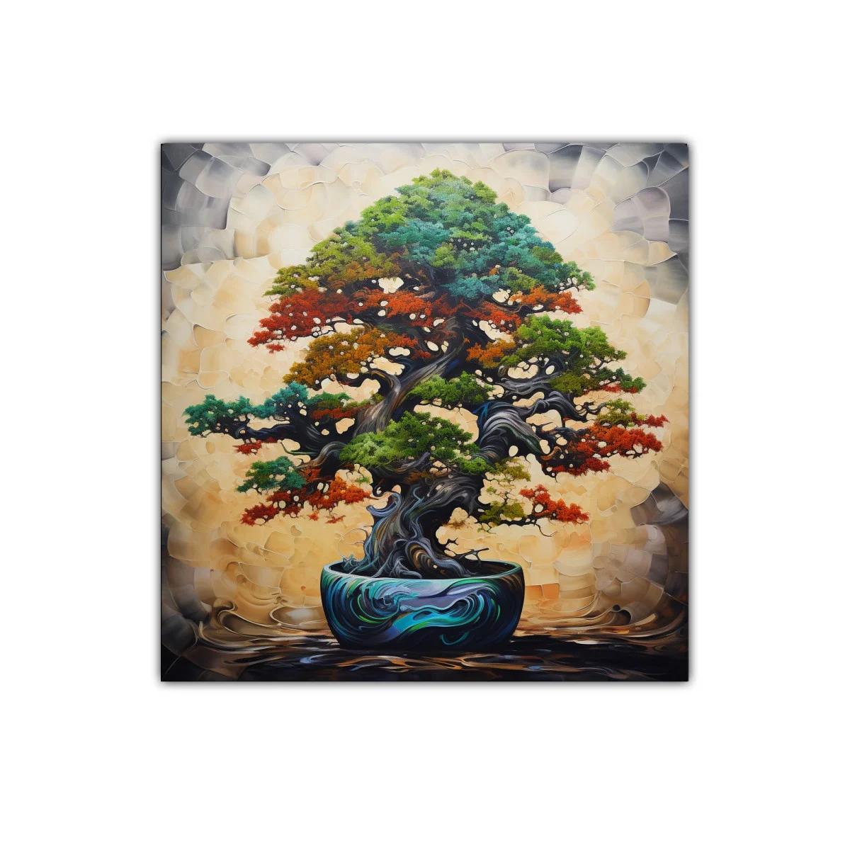Cuadro vibrante de árbol bonsái con follaje multicolor