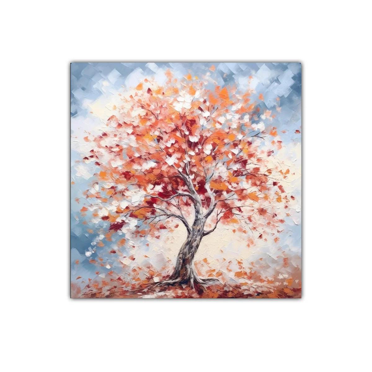 Árbol en otoño con colores cálidos y suaves tonalidades azules