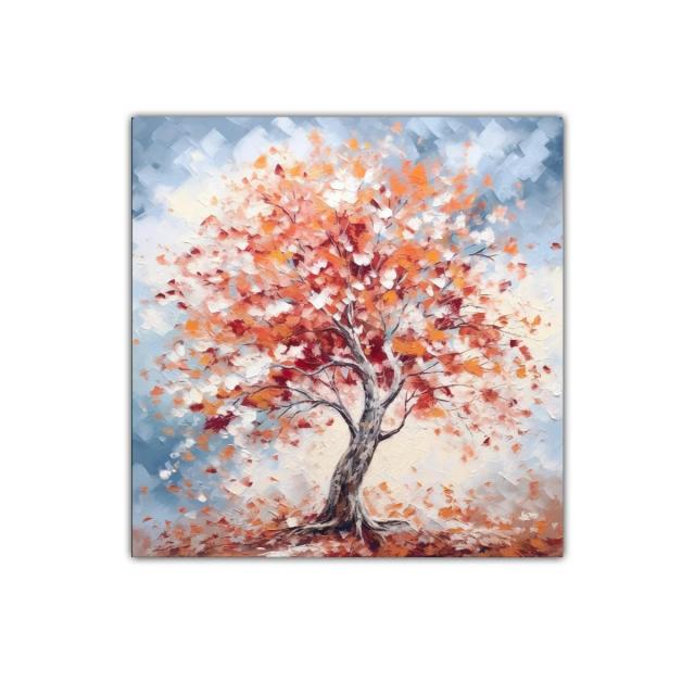 Árbol en otoño con colores cálidos y suaves tonalidades azules