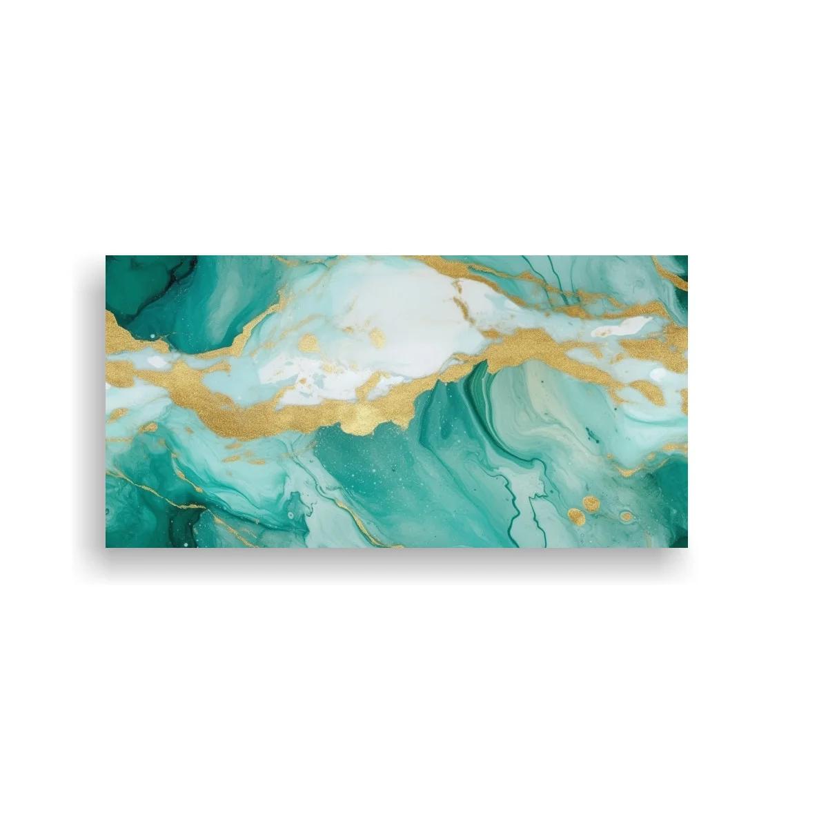 Cuadro abstracción marmoleada en verde turquesa y dorado